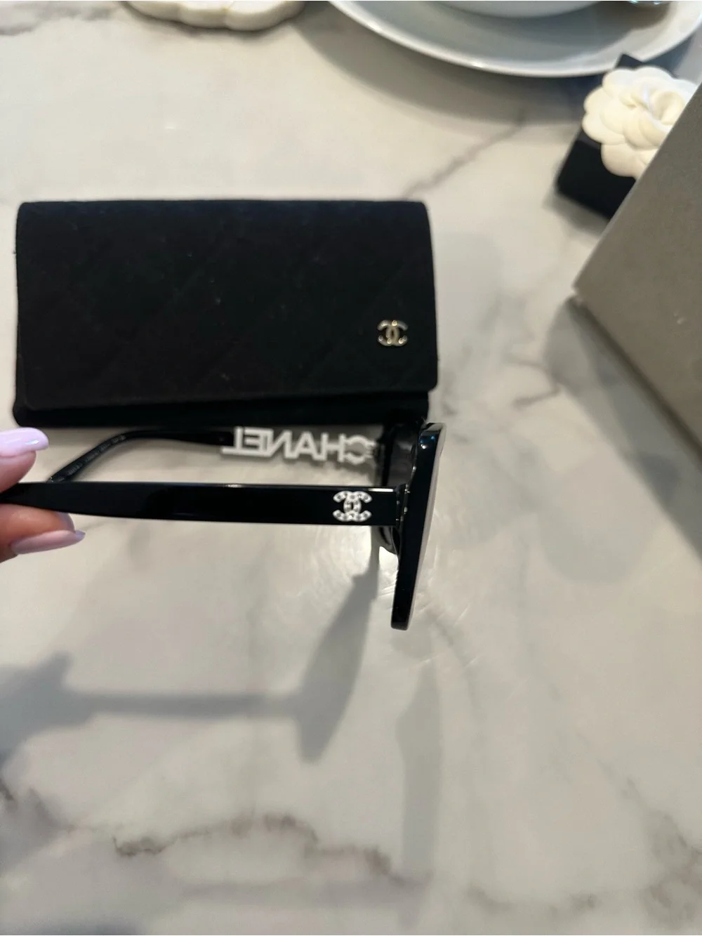 CHANEL Black Oversized Logo Cat-Eye Sunglasses with Quilted Case